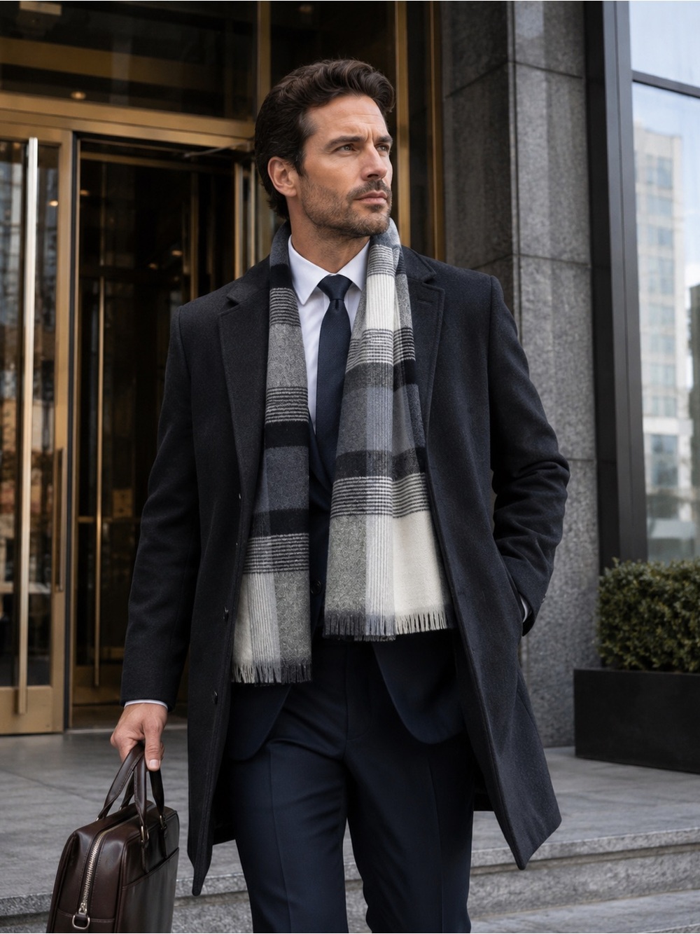 GRAY 100% wool plaid check fall winter scarf